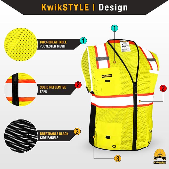 KwikSafety - Charlotte, NC - BIG KAHUNA Safety Vest [2 PACK] Class 2 ANSI OSHA Reflective Vest Durable High Visibility Vest Construction Safety Vest for Men Industrial Work Gear/Yellow Small