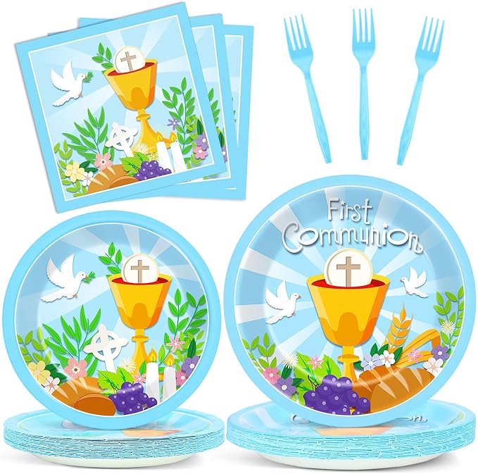Qyeahkj 100 Pcs Baptism Plates and Napkins, First Holy Communion Party Blue by Qyeahkj