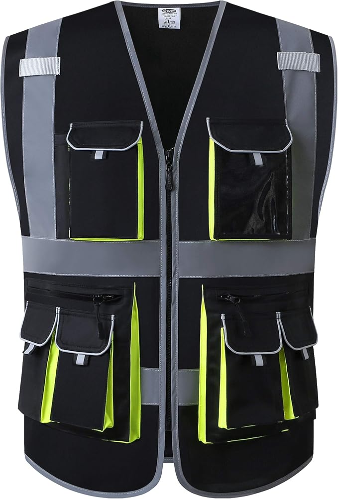 JKSafety 10 Pockets High Visibility Zipper Front Black Safety Vest with High Reflective Strips Meets ANSI/ISEA Standards (Medium, 88-Black)