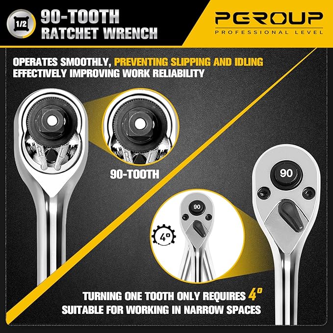 1/2-Inch Drive Ratchet Wrench, 90-Tooth Quick-release Reversible Ratchet Wrench with an Extension Bar(3 inch), 10" Long Socket wrench, 4-Degree Swing, Full Polished, Cr-Mo Head For Gifting, Repairing