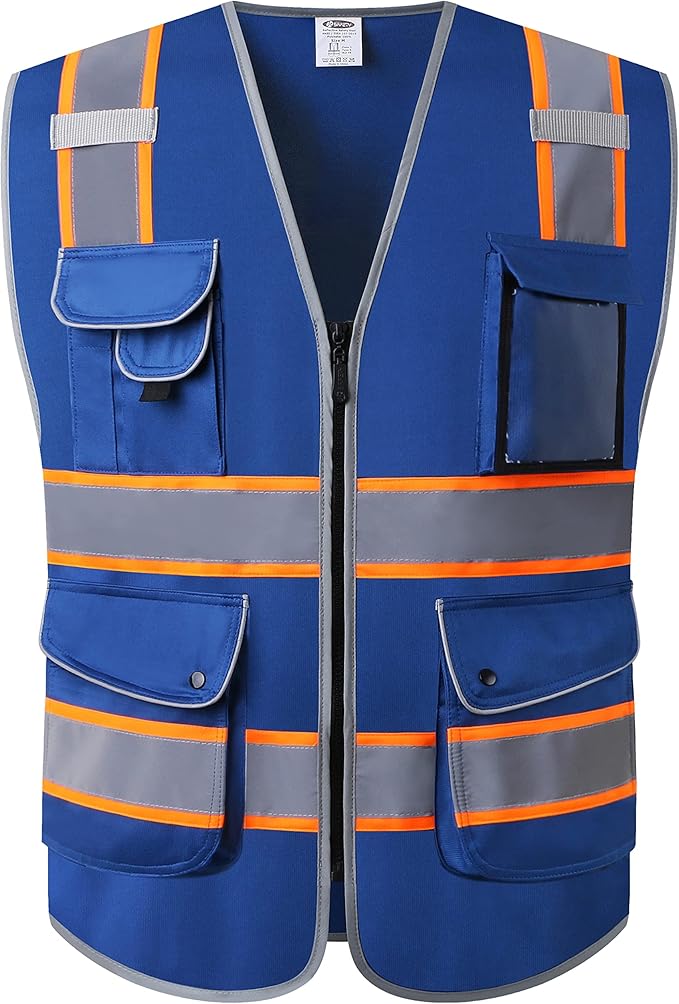 JKSafety 9 Pockets High Visibility Zipper Front Safety Vest | Blue with Dual Tone High Reflective Strips | Meets ANSI/ISEA Standards (901-Blue, XX-Large)