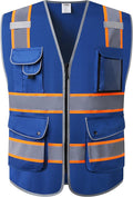 JKSafety 9 Pockets High Visibility Zipper Front Safety Vest | Blue with Dual Tone High Reflective Strips | Meets ANSI/ISEA Standards (901-Blue, Medium)