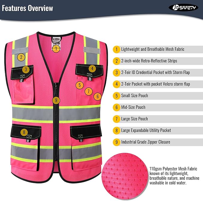 JKSafety Hi Vis Reflective Safety Vests for Men Women High Visibility Vest with Pockets Mesh Fabric Construction Safety Apparel Neon Vest for Work (220-Pink XXL)