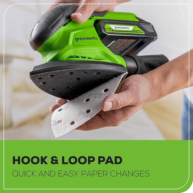 Greenworks 24V Cordless Mouse Detail Sander, Wood Sander with 11,000 OPM, Removable Dust Collection Bag, 2Ah Battery & Charger