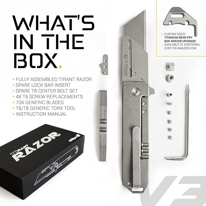 TIRANT RAZOR V3 (Stonewashed) 6Al-4V Titanium Utility Knife & EDC Pocket Knife, Box Cutter, Razor Blade EDC Tool