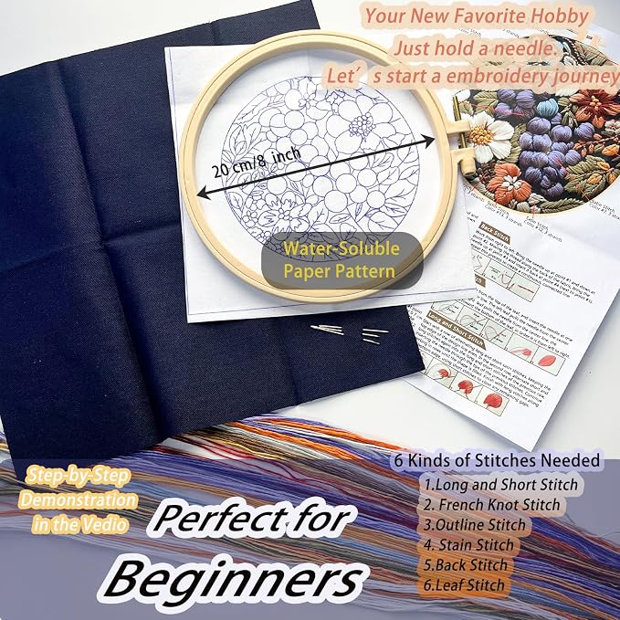 FONNUY Embroidery Kit for Beginners, Grapes Fruit Floral Pre-Stamped Pattern - Image 5