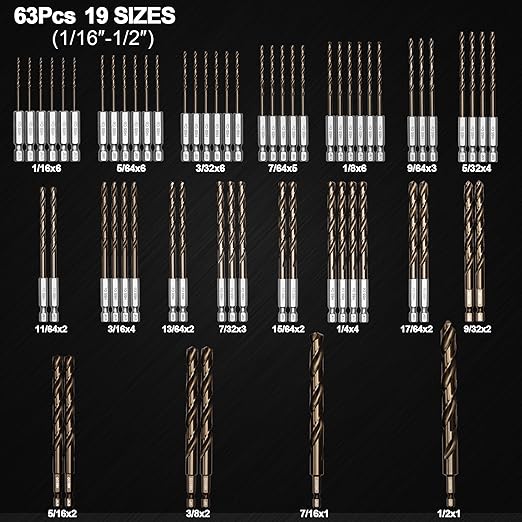 Hex Shank Cobalt Drill Bit Set 63Pcs 1/16"-1/2", M35 HSS Twist Impact Drill Bits for Metal and Hardened Steel, with Indexed Storage Case