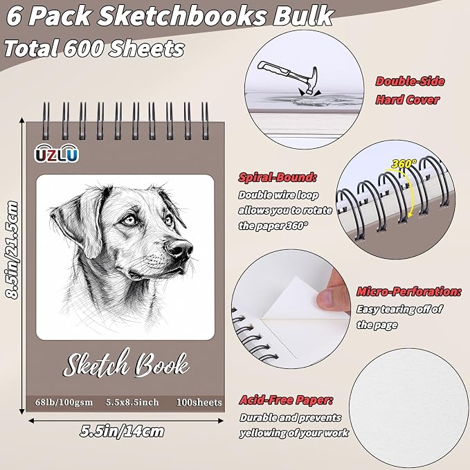 6 Pcs Sketch Book Bulk 5.5 x 8.5 In 600 Sheets Top Spiral Bound Sketch Pad - Image 2