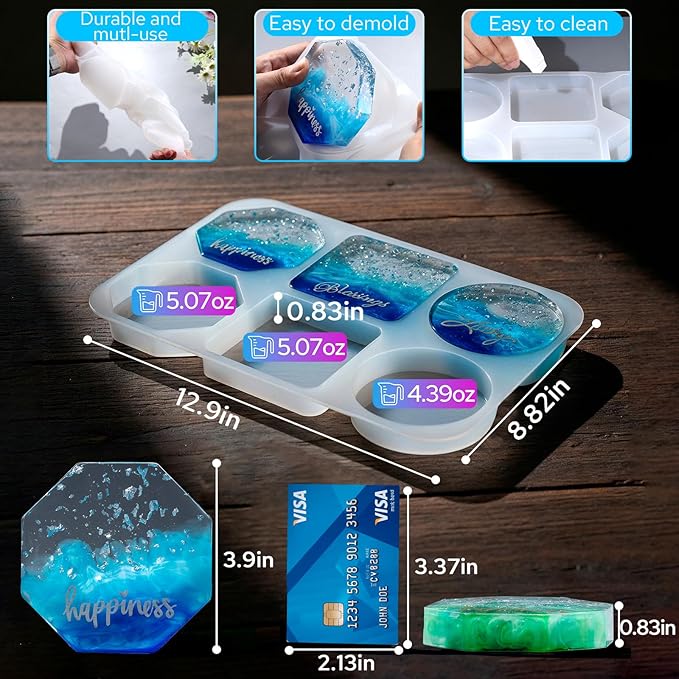LET'S RESIN Extra Deep Coaster Resin Molds, 6 Cavity Round/Square/Octagon Shape - Image 3