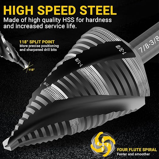 Four Spiral Flute Step Drill Bit Set, 5 Pieces 1/8"-1-3/8" HSS Unibit Step Drill Bit, 1/4" and 3/8" Shank Step Bits for Metal, Aluminum, Wood, Plastic