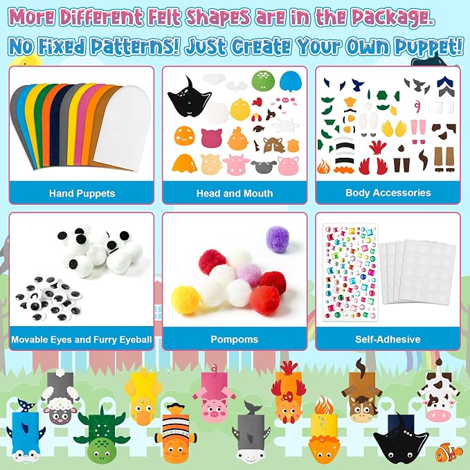 WATINC 12Pcs Hand Puppet Making Kit, Art Craft Felt Sock Puppet Toys, Creative - Image 3