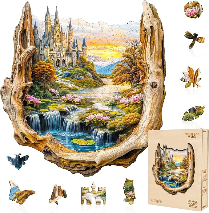 Wooden Puzzles for Adults Fantasy Castle Waterfall Driftwood Puzzles 240 Pieces by Jollitot