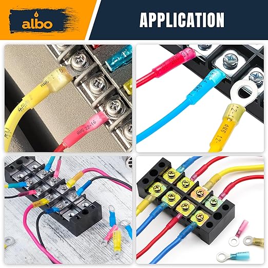 250PCS Yellow Heat Shrink Ring Terminal Kit – 12-10 AWG Wire Terminal Connectors Assortment, 6 Sizes (#8, #10, 1/4", 5/16", 3/8", 1/2") – Waterproof Tinned Copper Electrical Ring Connectors