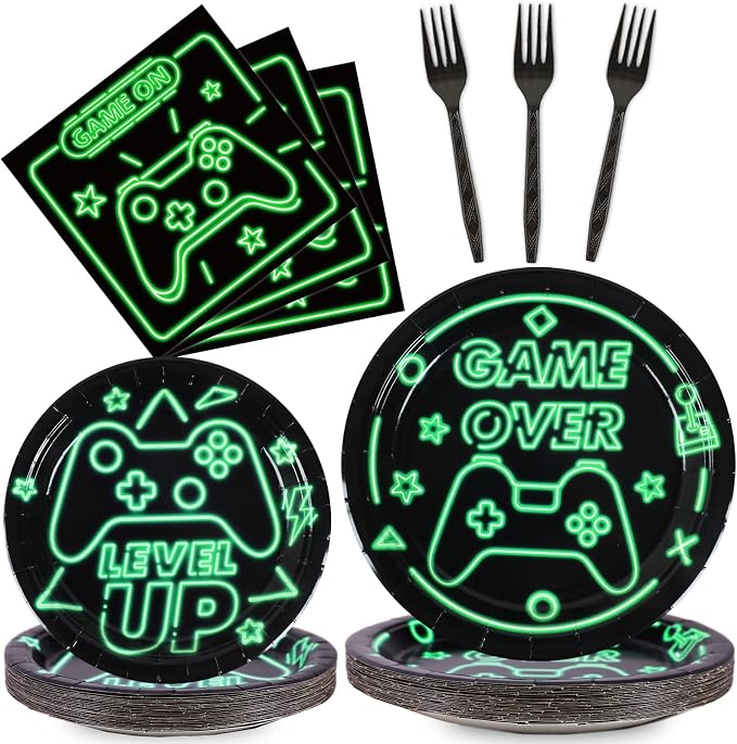 96pcs Video Game Party Supplies Tableware Set Neon Game On Paper Plates and by partygreeting