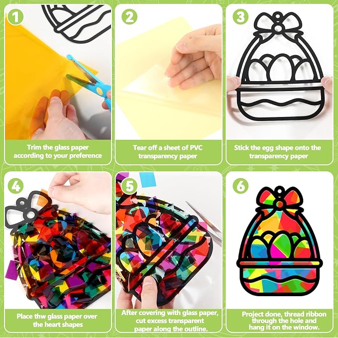 32 Sets Easter Suncatchers Craft Kit DIY Egg Basket Window Stained Glass Effect - Image 3