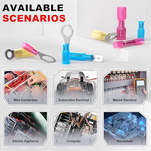 AIRIC 16-14 AWG - #10 Heat Shrink Ring Terminals, Copper Terminal Connector Ends, Battery Cable End Lugs, Blue Insulated Electrical Crimp Wiring Connectors, Wire Lug for 16, 14 Gauge Wires, 100 PCS