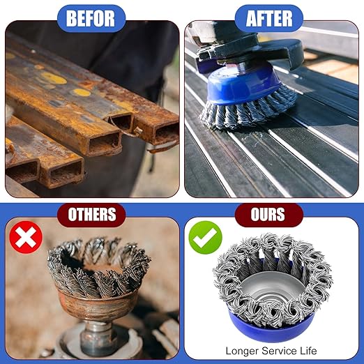 Tandefio 24 Pcs Wire Wheel Brush Wire Wheels with 5/8 -11 Threaded Arbor for 4 1/2 Angle Grinder Knotted Wire Cup Brush for Heavy Cleaning Rust Removal (Blue,3 Inch)