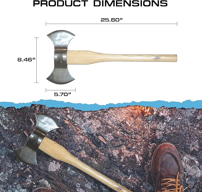Prandi Axes C45 Forged Carbon Steel Throwing Axe - Hickory Handle - Double Bit Axe for Competitions and Recreation - S/N 3T.054.12.CH - 24" L x 10.67" W, 1200g Polished Head, No Sheath