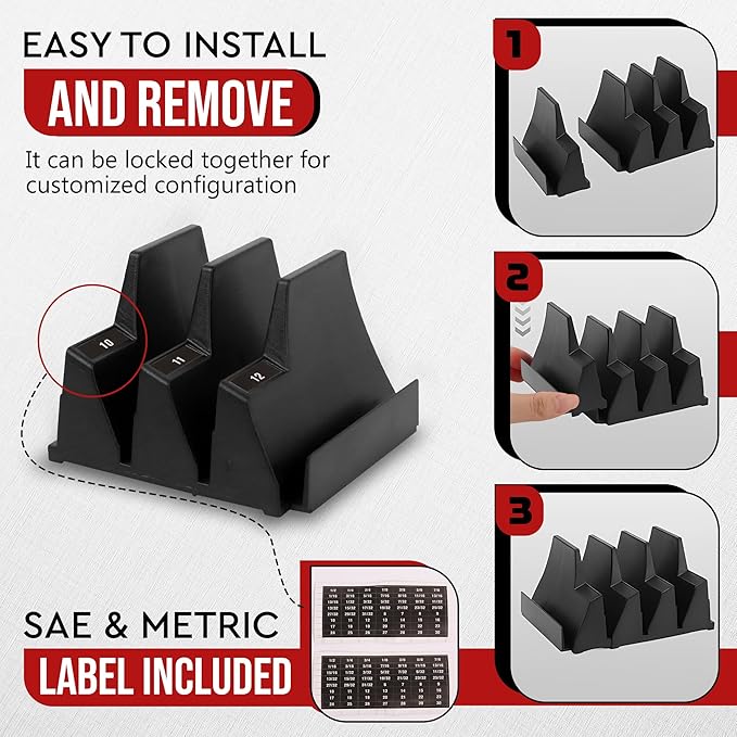 46PCS Magnetic Modular Wrench Organizer with 8" Magnetic Tool Holder, Wrench Rack for Tool Box Drawer, SAE & Metric Labels, Space-Saving Storage, Gift for Professional Mechanics Men, Black
