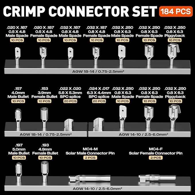 SOMELINE Wire Terminal Connector Crimping Tool Kit,3.9mm 4.8mm 6.3mm 18-10 AWG Crimper, Non-Insulated Copper Connector for Use on Connectors, Male Female Spade and Ring Terminal
