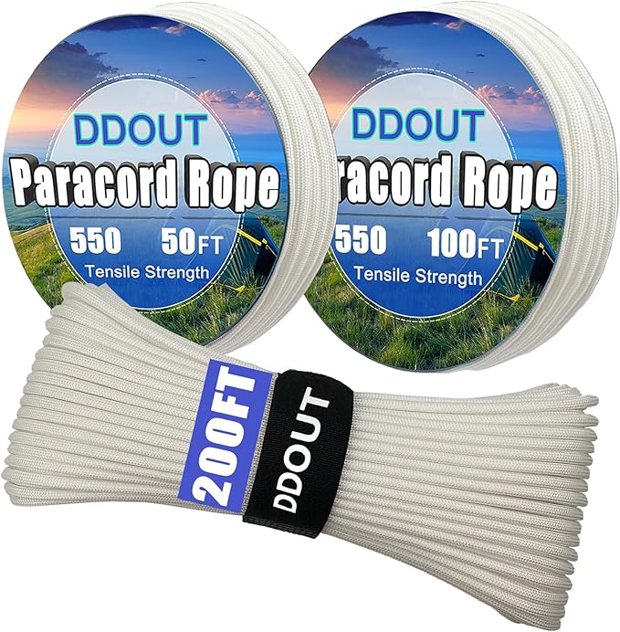 Paracord Nylon Rope White 50FT with 7-Strand Core, 10 Colors and 50/100/200 ft, Type III Parachute Cord 4mm for Camping, Survival, Hiking, DIY, Crafting, Outdoor Utility Rope