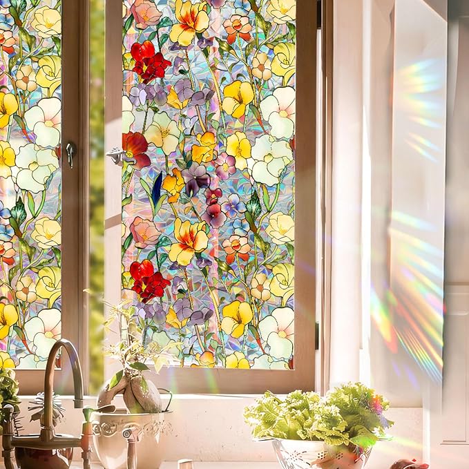Stained Glass Window Film UV Resistant Window Privacy Film, Colorful Floral by Aomkmi
