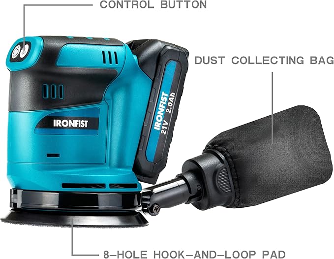 IRONFIST Random Orbit Sander, 5inch Sander Compatible with MAKITA 18V Batteries, 3 Speed 7000/9500/11000opm Adjustable with Dust Bag, Include 2000mAh Battery & Charger & 23pcs Accessories