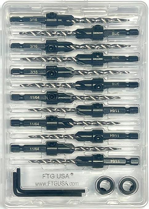 FTG USA Countersink Drill Bit Set 6 Pc #8 (11/64"), 6 Pc #10 (3/16") Tapered Countersink Bit, Stop Collar, Hex Wrench, Woodworking Countersink Drill Bits