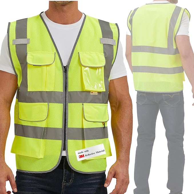 SIFE Reflective Safety Vest High Visibility Vest With 7 Pockets And YKK Zipper, ANSI/ISEA Class 2 Standard, Made With 3M Reflective Tape(03Y-Yellow Mesh,M)