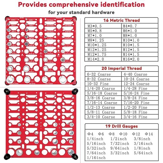 55 Thread Checker - Nut and Bolt Thread Checker Standard and Metric, Bolt Size Finder Bolt and Nut Identifier Gauge with 20 Standard & 16 Metric & 19 Drill Gauges, Bolt Thread Gauge Inch & Metric