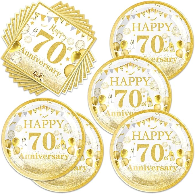 40 Pcs Modern Classic Gold 70th Plates and Napkins Set – 70th Plates Napkins by Unknown