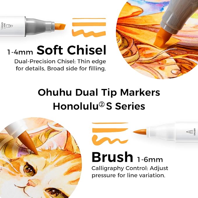 Ohuhu Alcohol Markers 48 Colors Brush& Soft Chisel AP Certified Refillable | - Image 2