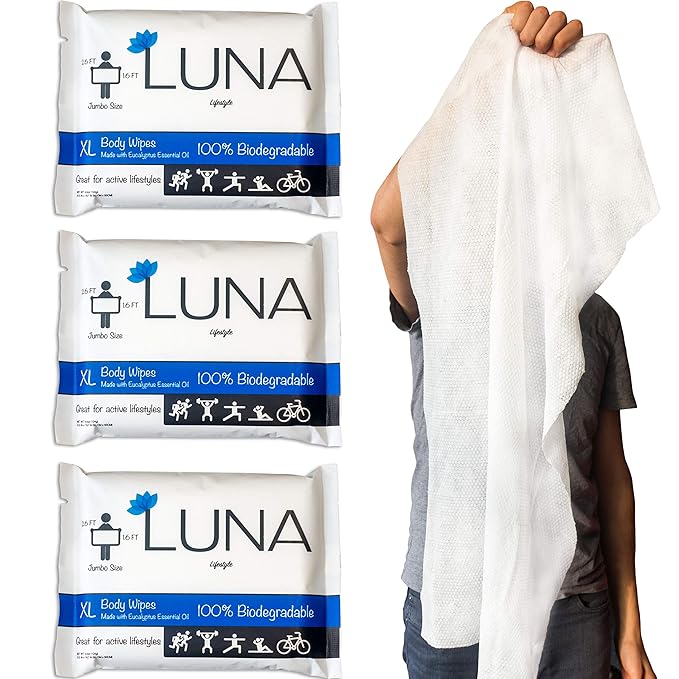 XL Wet Wipe Cleansing Body Wipes All Natural - 3 Pack Individual Pouches - Gentle & Unscented - No Rinse Bathing and Shower Wipe - Great for After Workout, Camping, Travel, Yoga, Gym