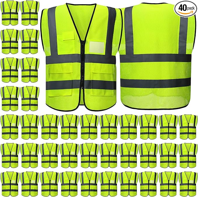 40 Pack Safety Vests Bulk Yellow Reflective High Visibility Vest with Mesh Pocket Zipper, Hi Vis Silver Strip for Men, Neon
