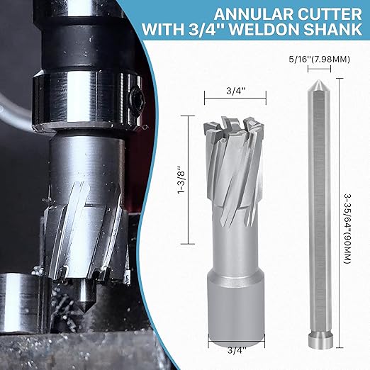 KEENTECH Carbide-Tipped Annular Cutter, 3/4" Diameter x 1-3/8" Depth, 3/4" Weldon Shank (2 Flat), High Speed Cutting TCT Mag Drill Bit with Pilot Pin for Harder Material, Stainless Steel, Cast Iron