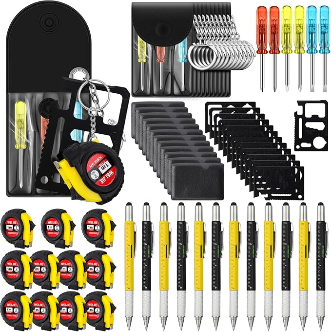 192 Pcs Mini Tape Screwdriver Keychain Set Christmas Men Gifts Bulk Adult Party Favors Multitool Pen Card Tool Measuring Keychains Stocking Christmas Stuffers for Men Dad (Yellow,Black)
