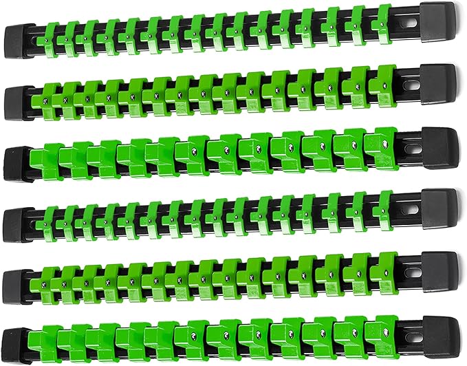 ALOANES 6 PC ABS Socket Organizer, 1/2 inch, 3/8 inch and 1/4 inch Drive Socket Rail Holders, Heavy Duty Socket Racks, Black Rails with Green Clips
