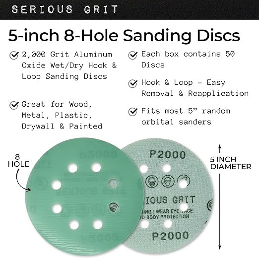 Sanding Discs 5 Inch 8 Hole 2000 Grit - Heavy-Duty Hook & Loop Wet Dry Film Sandpaper Discs - Ultra Fine Sand Paper for Random Orbital Sanders - Wood, Automotive, Epoxy, etc - 50 Pack Box
