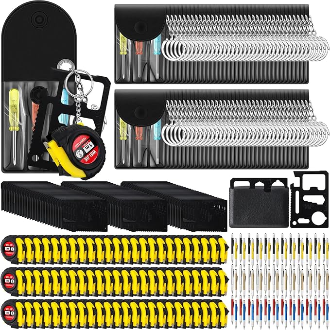 288 Pcs Mini Tape Screwdriver Keychain Set Christmas Men Gifts Bulk Adult Party Favors Multitool Pen Card Tool Measuring Keychains Stocking Christmas Stuffers for Men Dad (Red,Yellow,Blue)