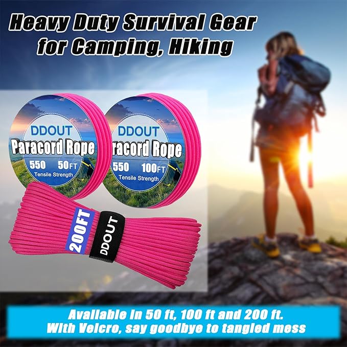 Paracord Nylon Rope Pink 50FT with 7-Strand Core, 10 Colors and 50/100/200 ft, Type III Parachute Cord 4mm for Camping, Survival, Hiking, DIY, Crafting, Outdoor Utility Rope