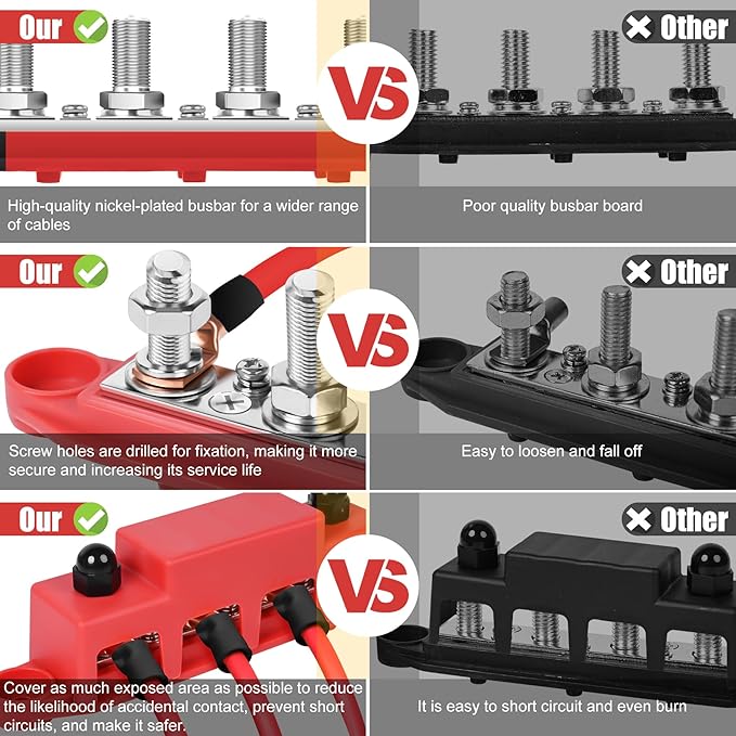 Bus Bar 12v Power Distribution Block 250A Bus Bar with 4 x 3/8" Studs Marine Battery Busbars Terminal Ground Distribution Block with Cover for Automotive, Boat, Car, Solar Wiring (Pair, Red & Black)
