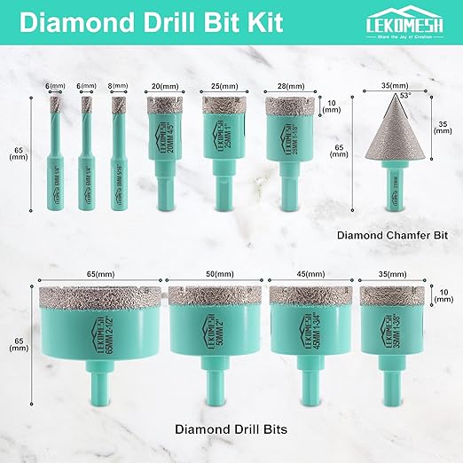 Diamond Core Drill Bits Set 11pcs Tile Hole Saw Kit Triangle Shank(6/6/8/20/25/28/35/45/50/65mm/35mm Diamond Chamfer bits)