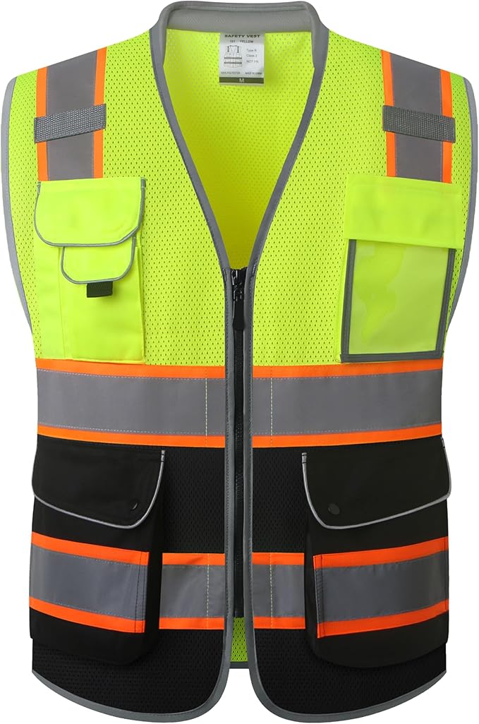 JKSafety 9 Pockets Class 2 Hi-Vis Safety Vest High Visibility Reflecitive Mesh Safety Vests for Men and Women Cushioned Collar Work Utility PPE Work Gear ANSI/ISEA compliant (101-YBlack L)