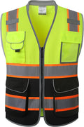 JKSafety 9 Pockets Class 2 Hi-Vis Safety Vest High Visibility Reflecitive Mesh Safety Vests for Men and Women Cushioned Collar Work Utility PPE Work Gear ANSI/ISEA compliant (101-YBlack XXL)
