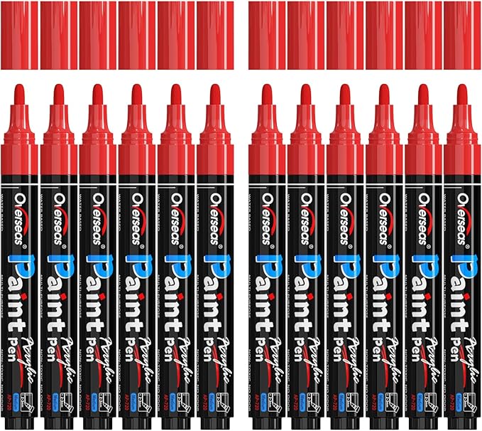 Overseas 12 Pack Red Acrylic Paint Pens Permanent Markers, Medium Tip | by Overseas