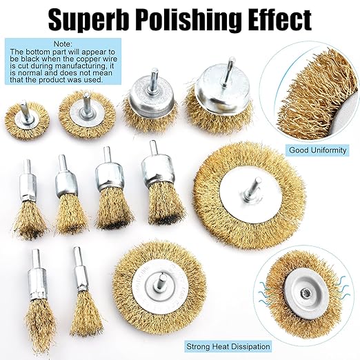 Wire Brush for Drill Set, 12Pcs Cup, Wheel & End Brush Kit with 1/4” Shank, Brass Coated Drill Brush Attachments for Rust Removal, Stripping, and Abrasive