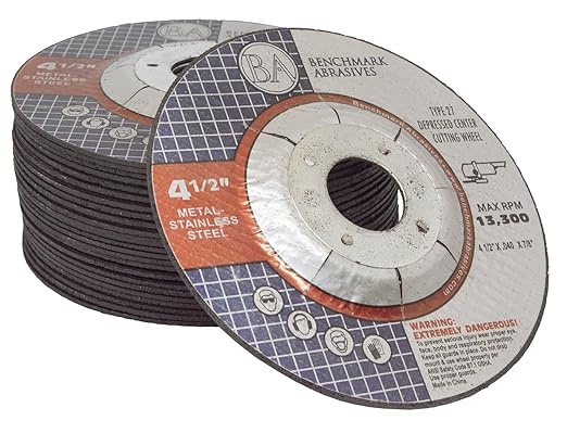 Benchmark Abrasives Grinder Cut Off Wheels 4 1/2 Inch Aluminum Oxide Depressed Center Thin Type 1 for Metals, .045" Thick 7/8" Arbor, Angle Grinder Cutting Disc, Grinding Cutting Wheel - 50 Pack