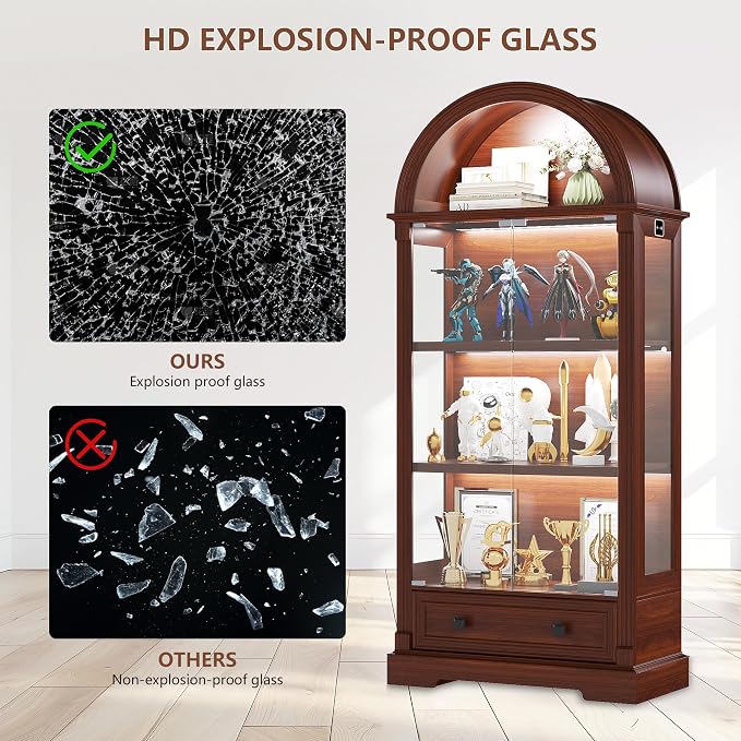 Dystler Curio Cabinet with Glass Doors & LED Lights | 72" Tall, Arched Display - Image 7