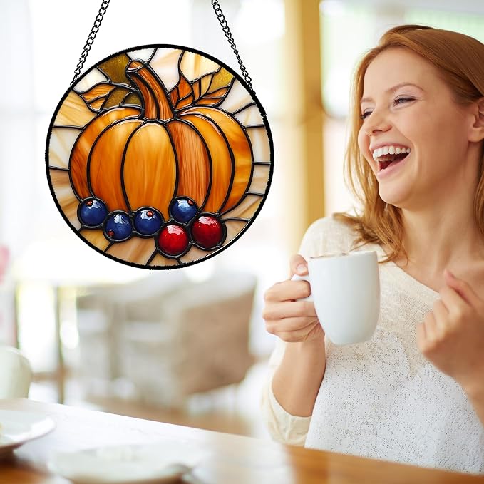 DASTOLL Stained Glass Window Hanging Fall Pumpkin Berries 6.3" - Image 4
