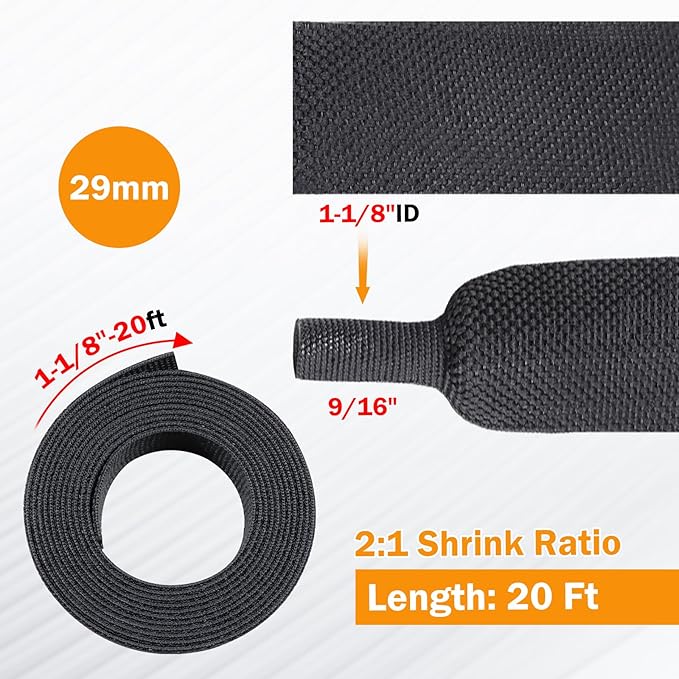 2:1 Heat Shrink Fabric Tubing Braided Sleeving Woven Wire Loom Shrinkable Cable Sleeve for Automotive Wire Harness/Cable Sheath (1-1/8"-20ft)